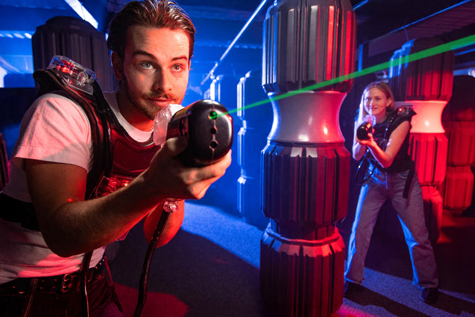Player aiming a laser phaser